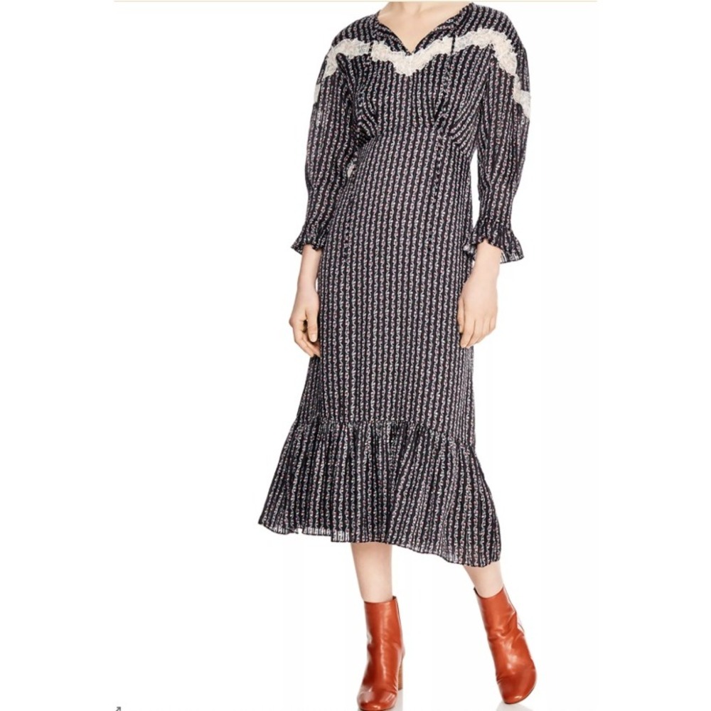 Sandro Paris Floral Print Maxi Dress Marceau Lace Trim Tie Neck Long Sleeve